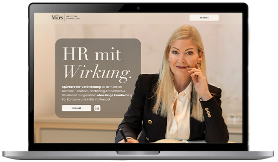 Website von Simone Marx im Laptop-Mockup: „HR mit Wirkung“