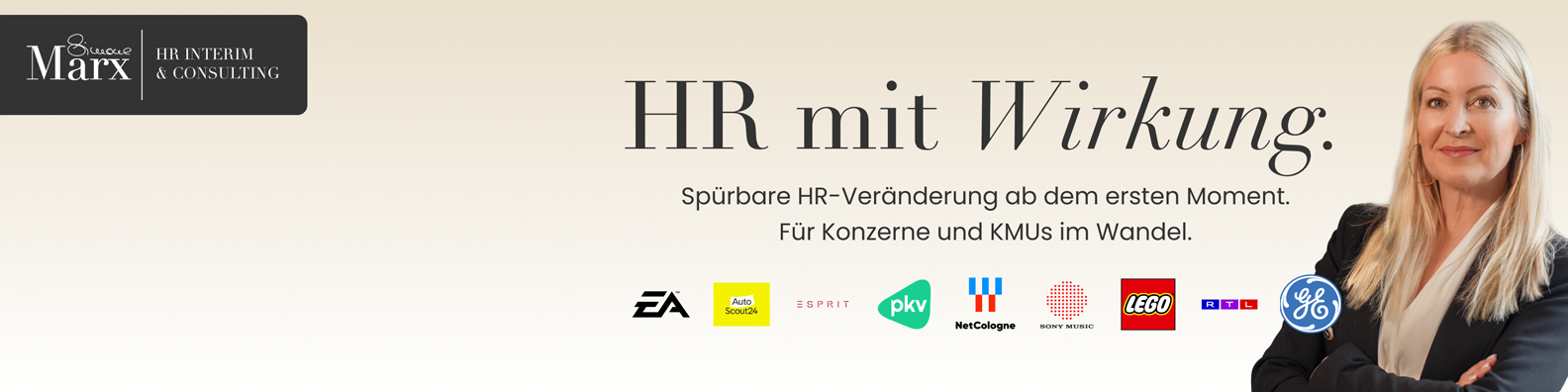 LinkedIn-Banner „HR mit Wirkung“ für Simone Marx mit Kundenlogos